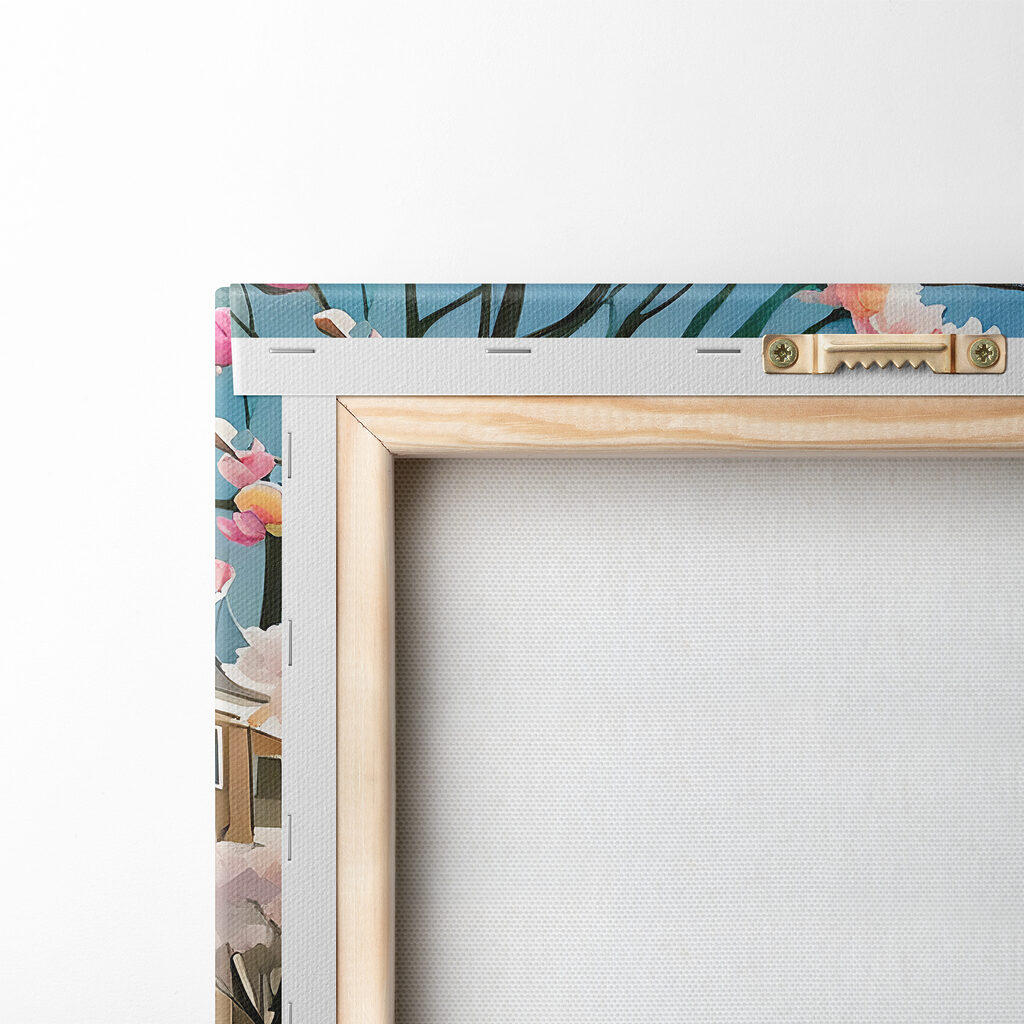 A painting of a river with boats and a bridge and trees