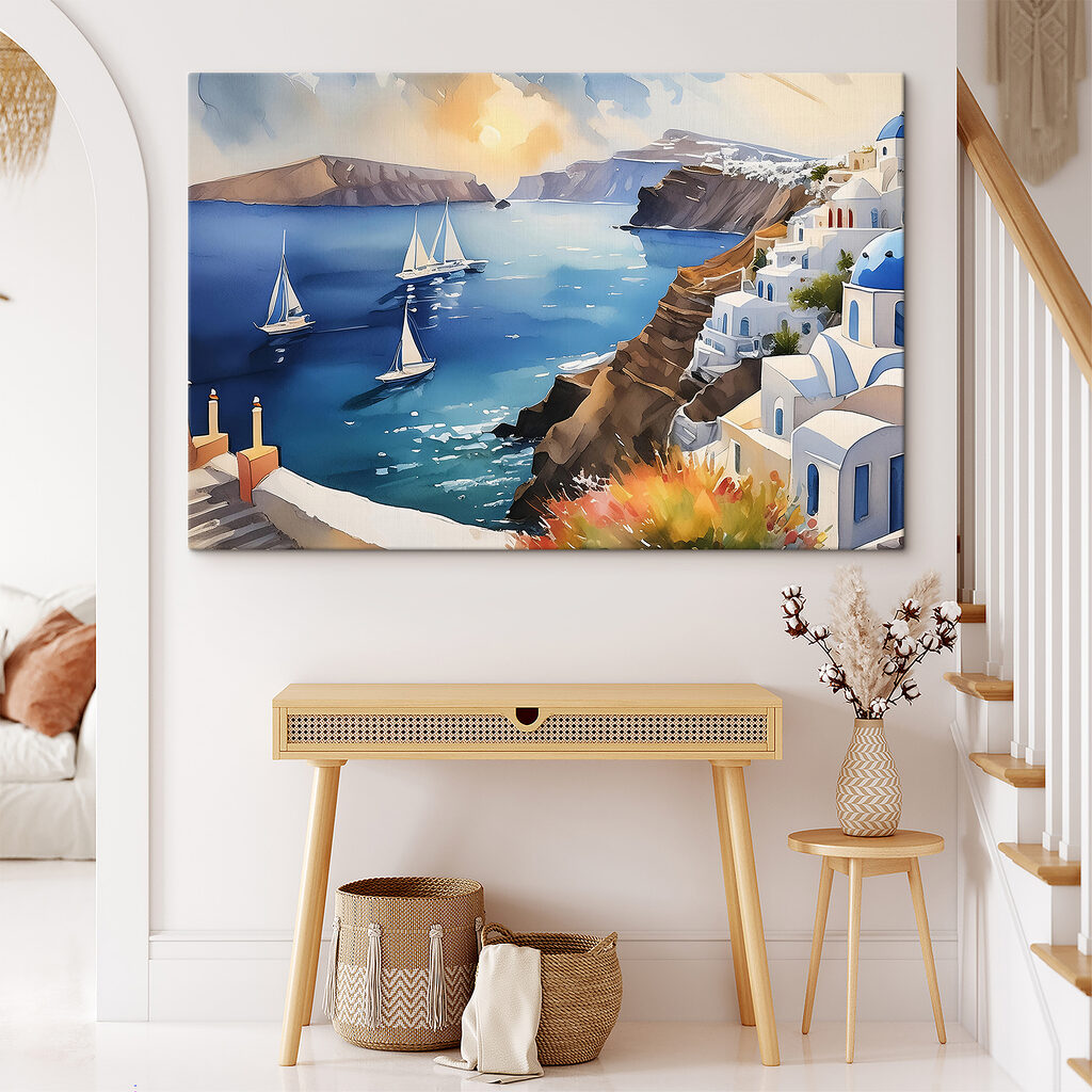 A painting of a sea with boats and buildings