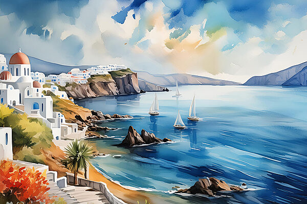 Een aquarelschilderij van een stad op een klif Een aquarelschilderij van een stad op een klif