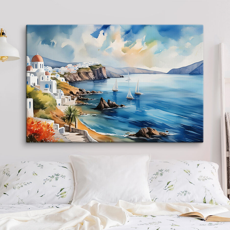 Een aquarelschilderij van een stad op een klif