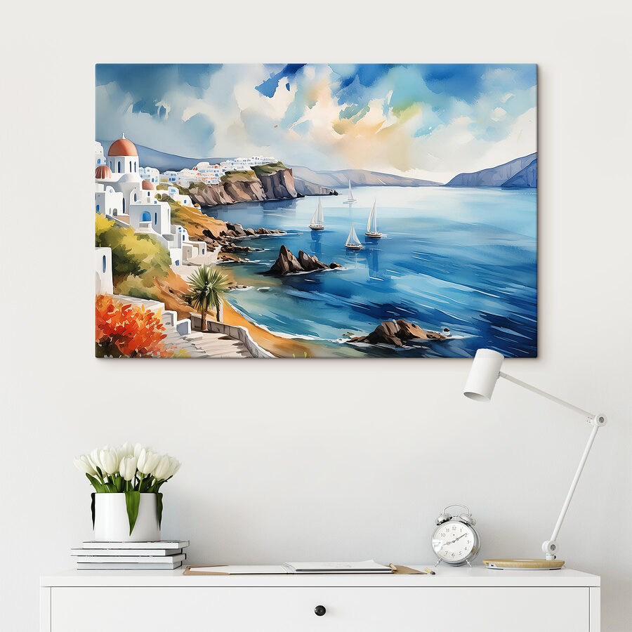 Een aquarelschilderij van een stad op een klif
