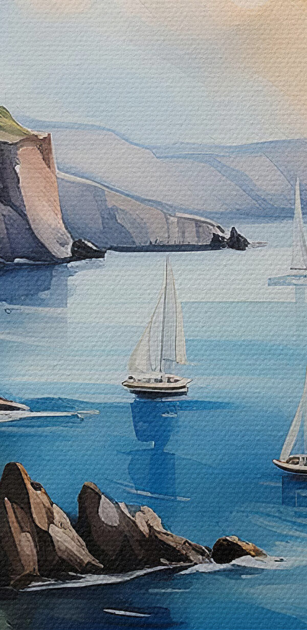 Een aquarelschilderij van een stad op een klif Een aquarelschilderij van een stad op een klif