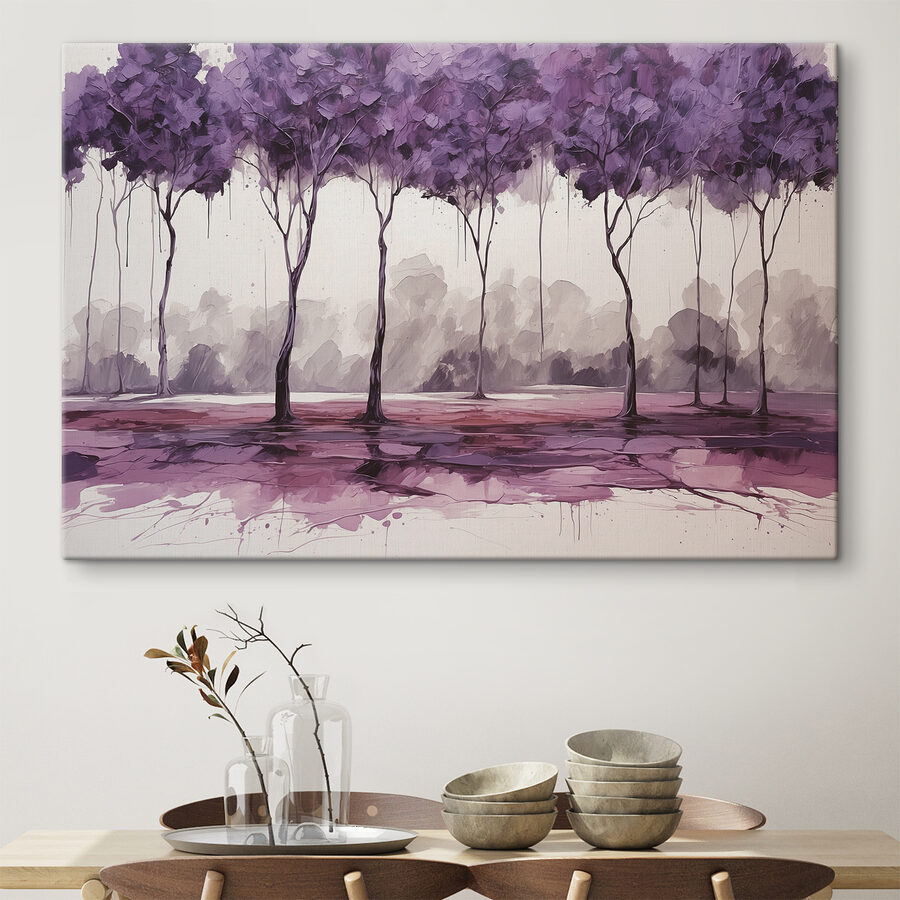 Een schilderij van bomen met paarse bladeren Een schilderij van bomen met paarse bladeren