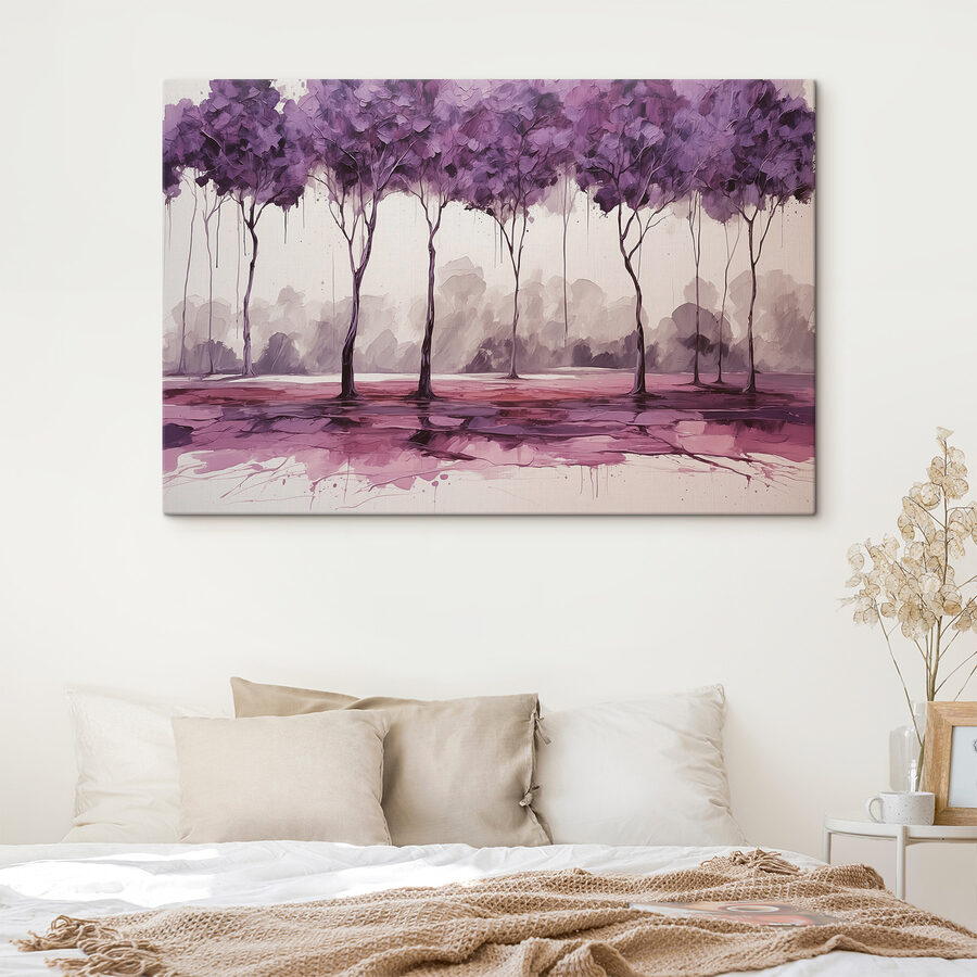 Een schilderij van bomen met paarse bladeren Een schilderij van bomen met paarse bladeren