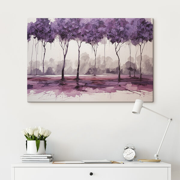 Een schilderij van bomen met paarse bladeren Een schilderij van bomen met paarse bladeren