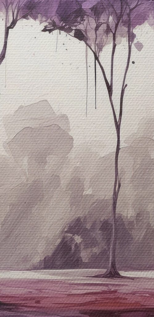 A painting of trees with purple leaves