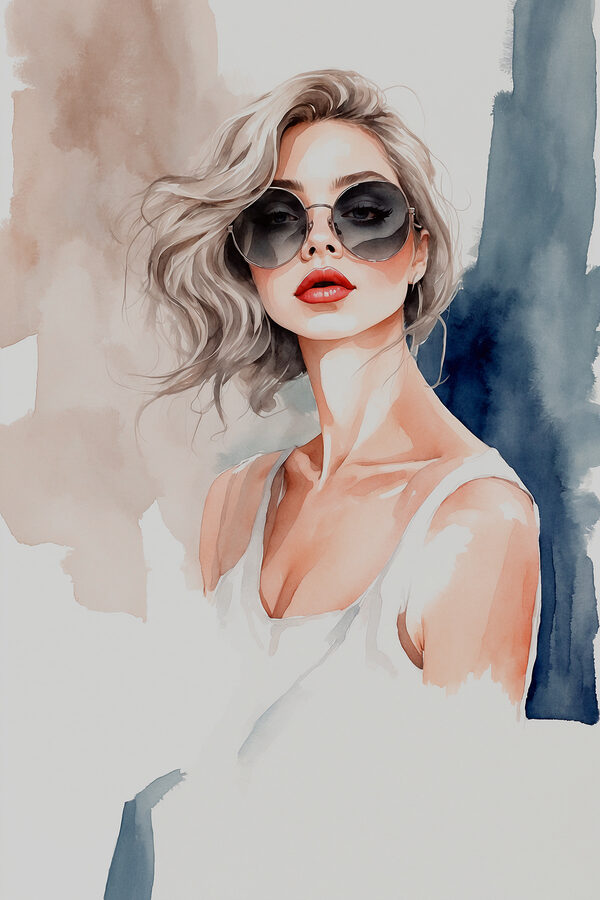 Een aquarel van een vrouw met zonnebril Een aquarel van een vrouw met zonnebril