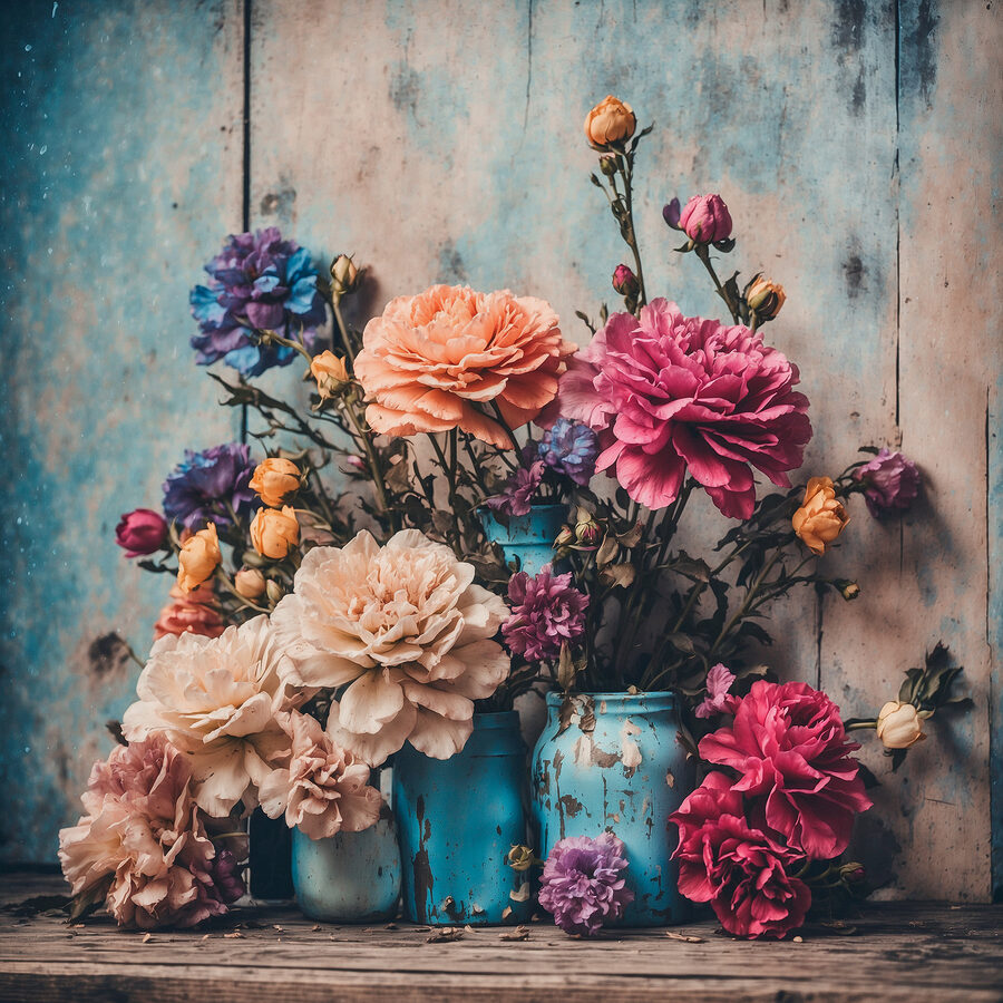 Een groep kleurrijke bloemen in blauwe vazen