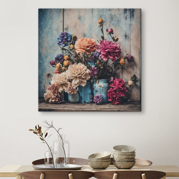 Een groep kleurrijke bloemen in blauwe vazen Een groep kleurrijke bloemen in blauwe vazen