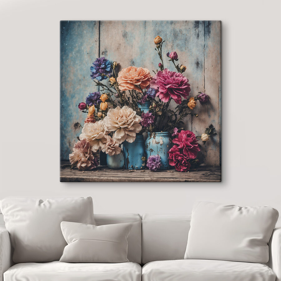 Een groep kleurrijke bloemen in blauwe vazen