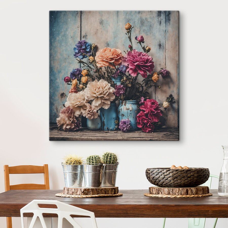 Een groep kleurrijke bloemen in blauwe vazen