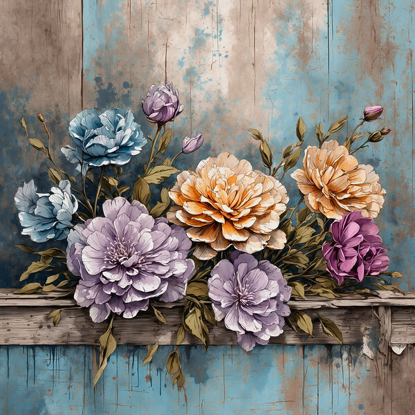 Een schilderij van bloemen op een houten richel Een schilderij van bloemen op een houten richel