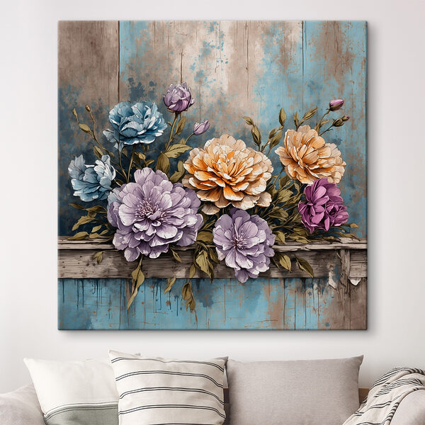 Een schilderij van bloemen op een houten richel Een schilderij van bloemen op een houten richel