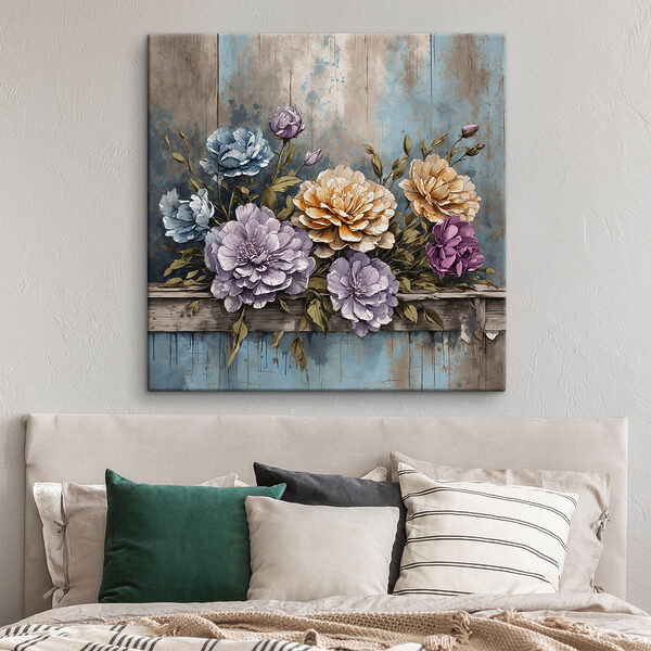 Een schilderij van bloemen op een houten richel Een schilderij van bloemen op een houten richel