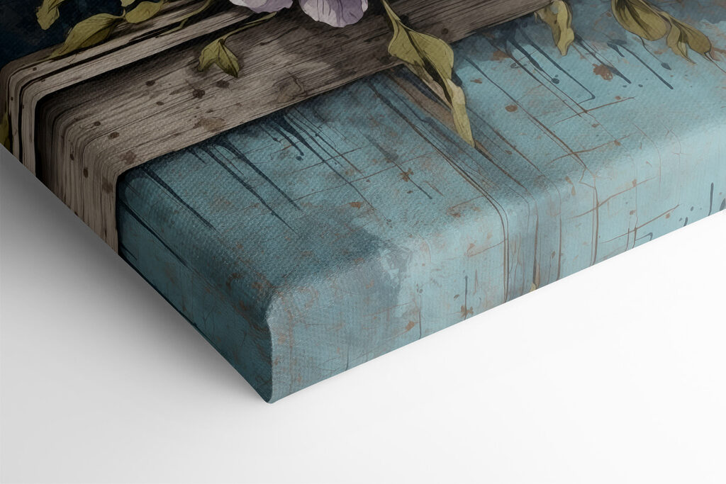 A painting of flowers on a wood ledge