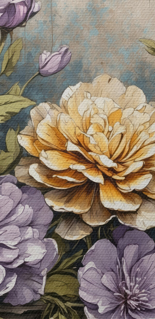 Een schilderij van bloemen op een houten richel Een schilderij van bloemen op een houten richel