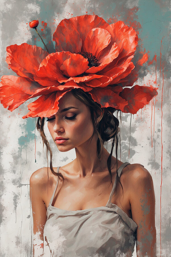 Een vrouw met rode bloemen op haar hoofd Een vrouw met rode bloemen op haar hoofd