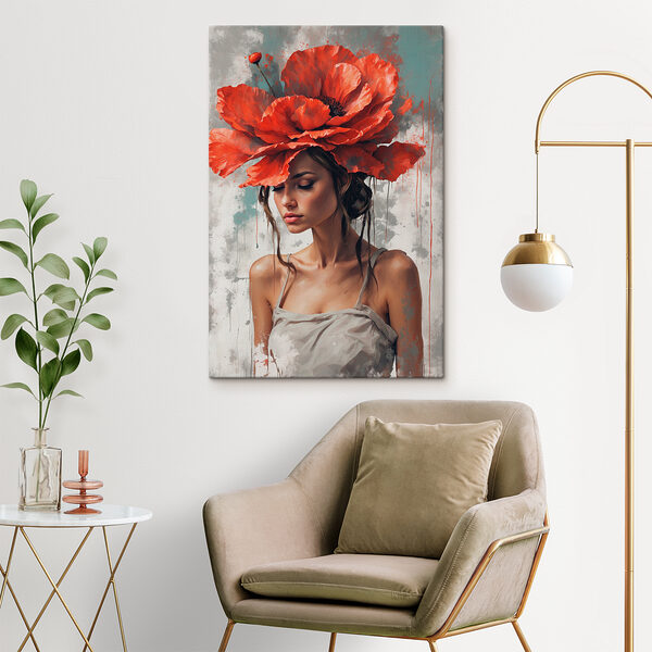 Een vrouw met rode bloemen op haar hoofd Een vrouw met rode bloemen op haar hoofd