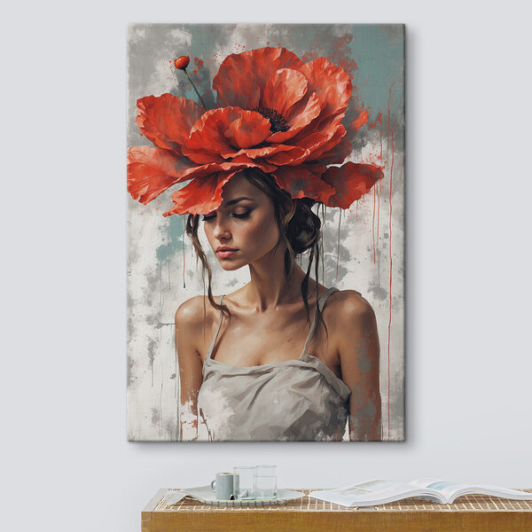 Een vrouw met rode bloemen op haar hoofd Een vrouw met rode bloemen op haar hoofd