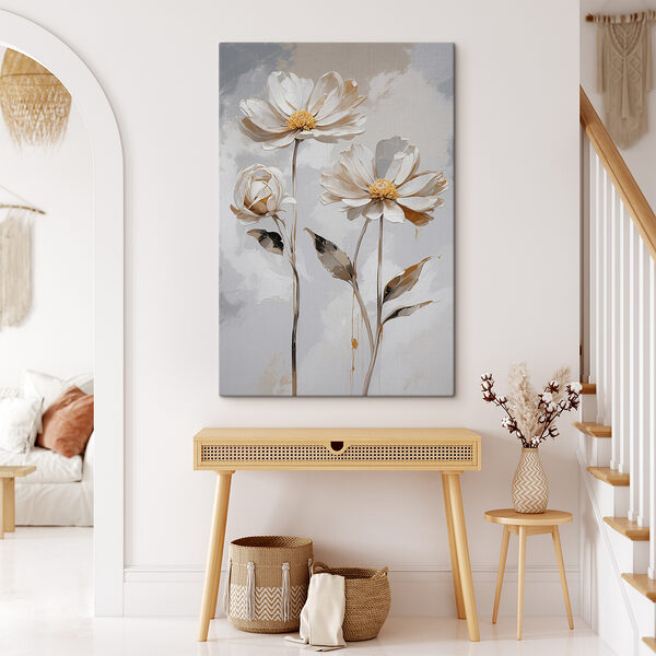 Een groep witte bloemen met bladeren Een groep witte bloemen met bladeren