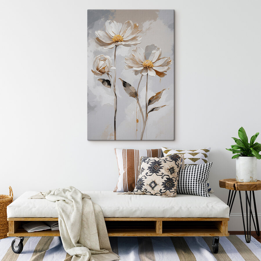 Een groep witte bloemen met bladeren Een groep witte bloemen met bladeren