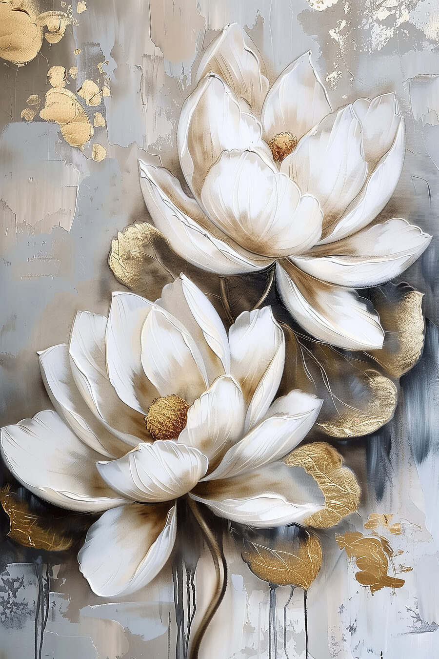 Een schilderij van bloemen op een grijze achtergrond