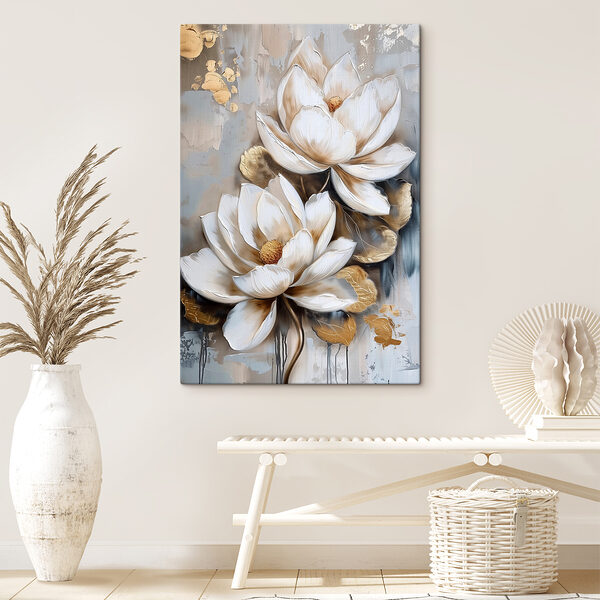 Een schilderij van bloemen op een grijze achtergrond Een schilderij van bloemen op een grijze achtergrond
