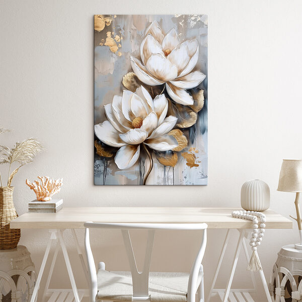 Een schilderij van bloemen op een grijze achtergrond Een schilderij van bloemen op een grijze achtergrond