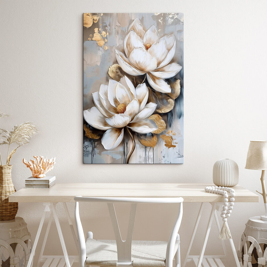 Een schilderij van bloemen op een grijze achtergrond
