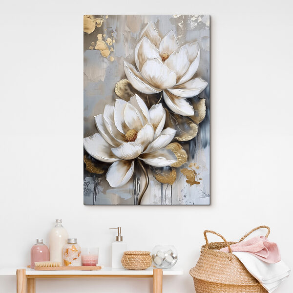 Een schilderij van bloemen op een grijze achtergrond Een schilderij van bloemen op een grijze achtergrond