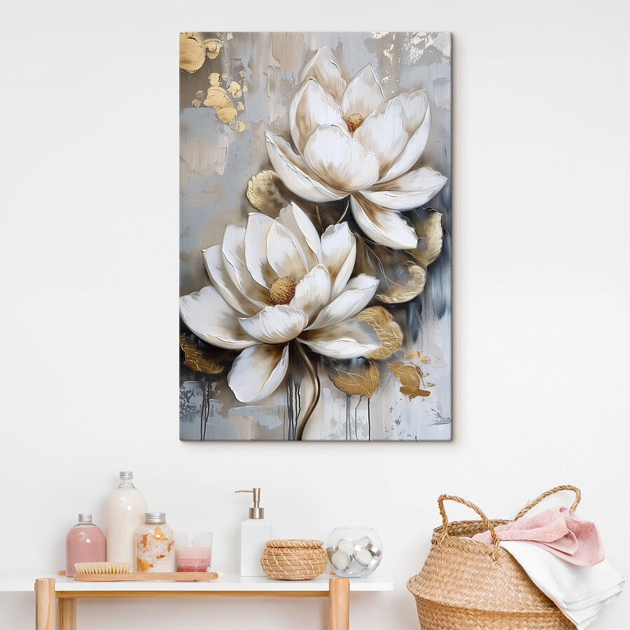 Een schilderij van bloemen op een grijze achtergrond