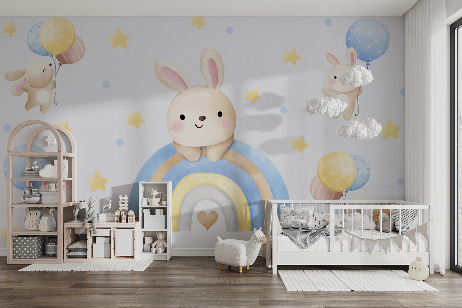 A cartoon bunny on a rainbow