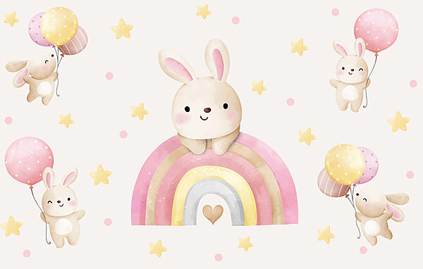 Een tekenfilmkonijntje op een regenboog Een tekenfilmkonijntje op een regenboog