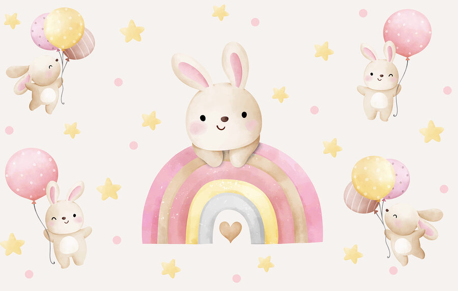 Een tekenfilmkonijntje op een regenboog Een tekenfilmkonijntje op een regenboog