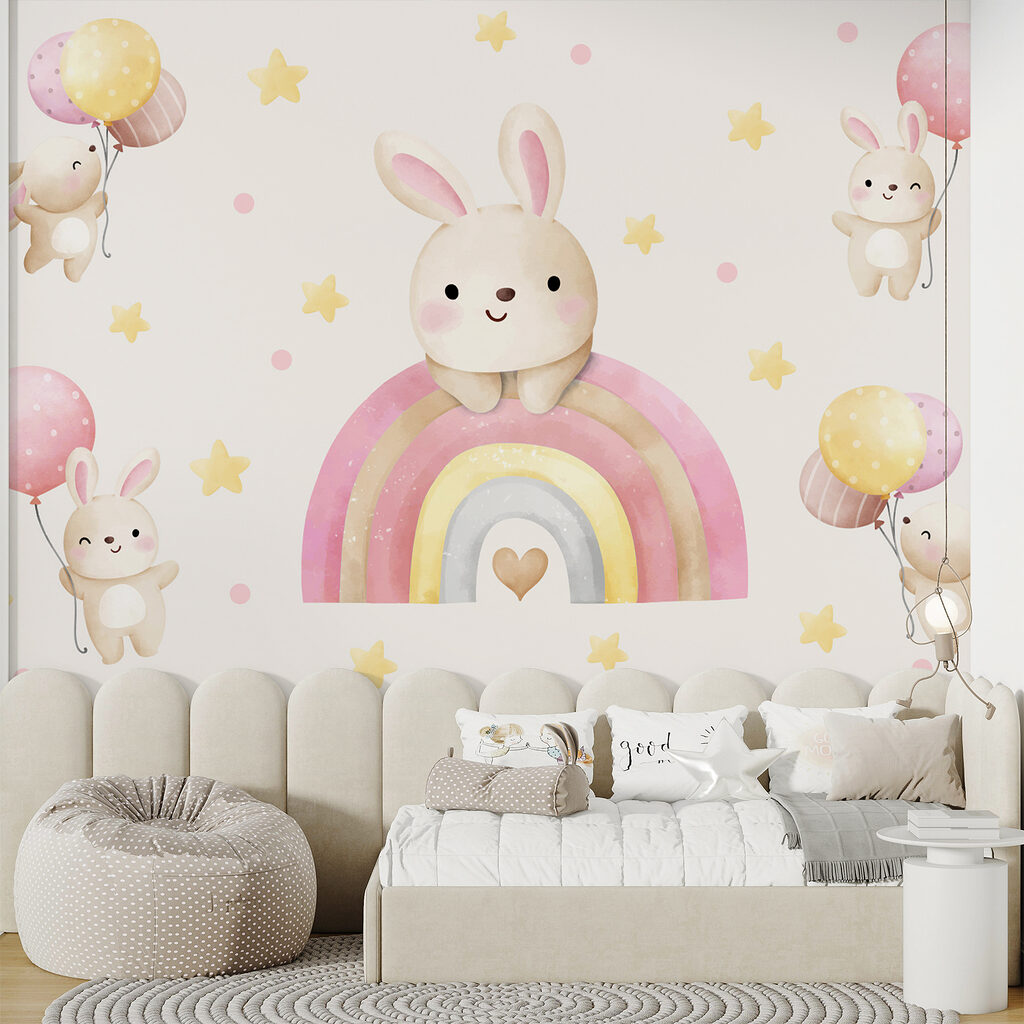 A cartoon bunny on a rainbow