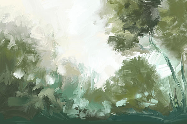 Een schilderij van bomen en struiken Een schilderij van bomen en struiken
