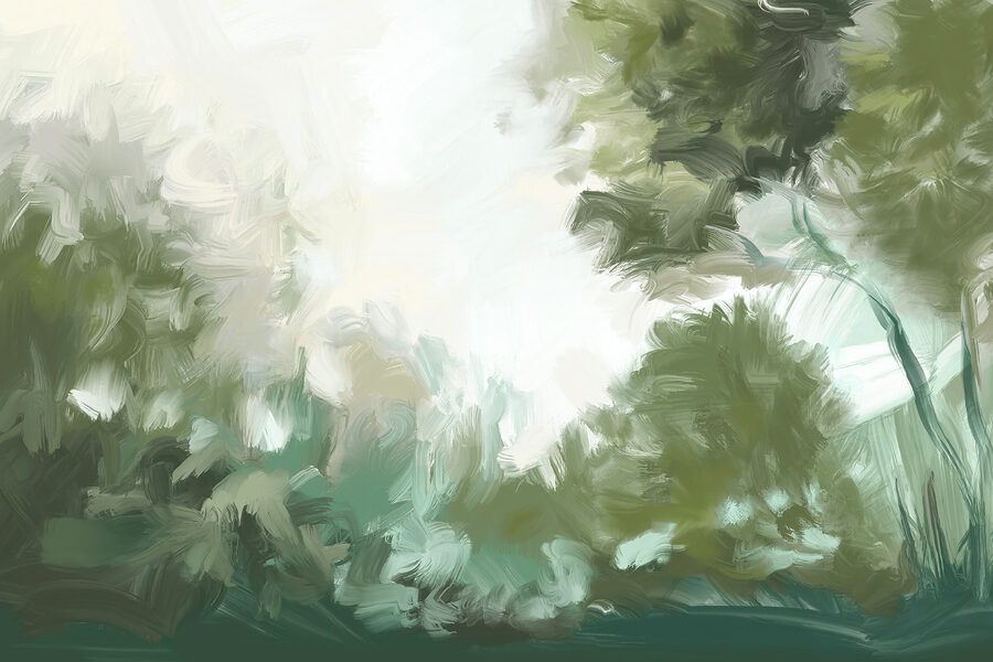 Een schilderij van bomen en struiken