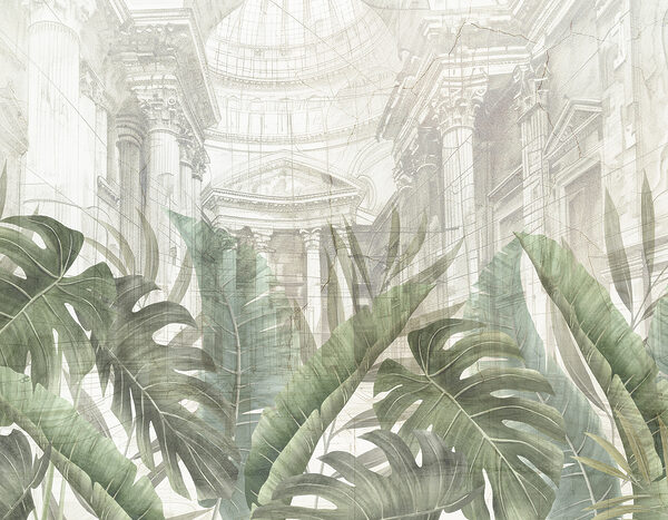 Een schilderij van een gebouw met een groot blad Een schilderij van een gebouw met een groot blad