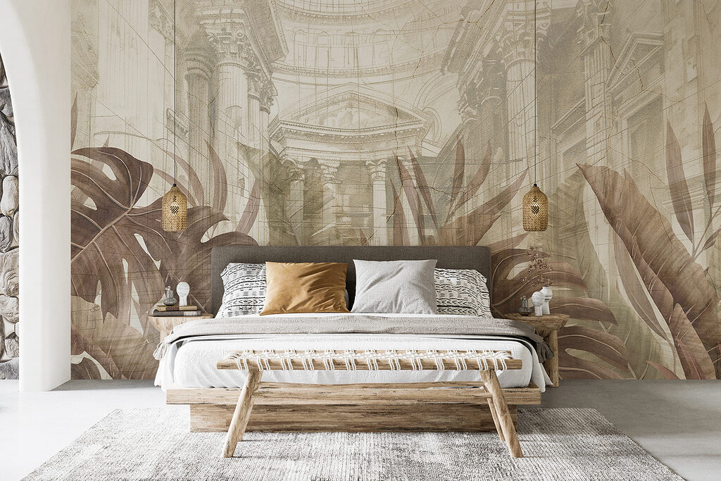 A painting of leaves and a building A painting of leaves and a building