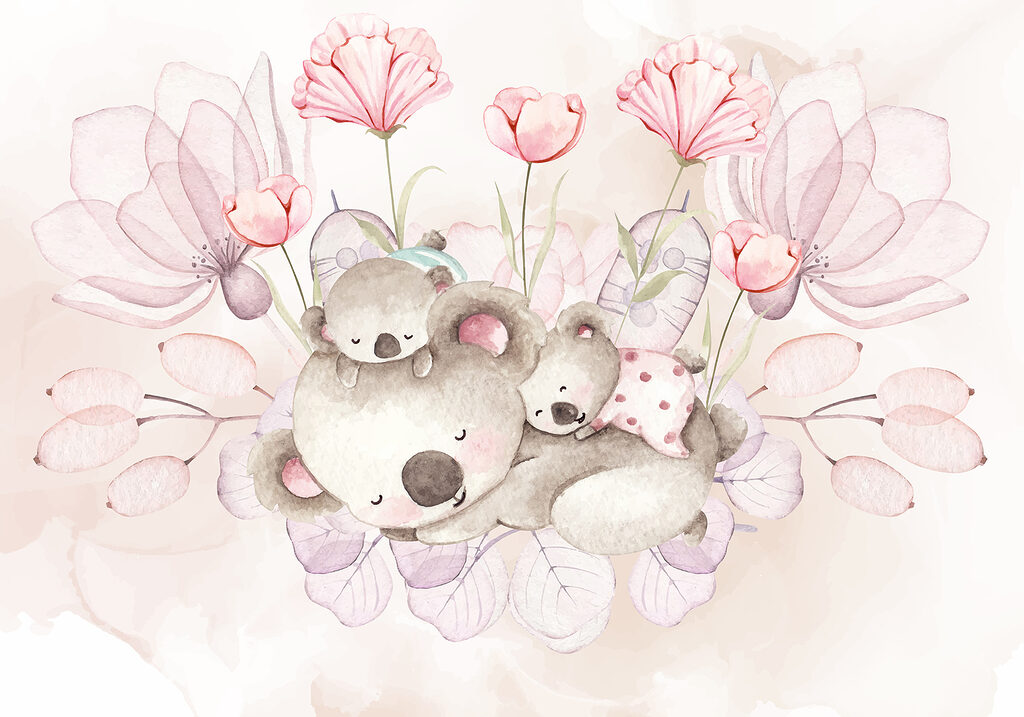 Een aquarel illustratie van een paar koala's en bloemen Een aquarel illustratie van een paar koala's en bloemen