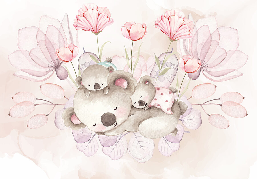 Een aquarel illustratie van een paar koala's en bloemen Een aquarel illustratie van een paar koala's en bloemen