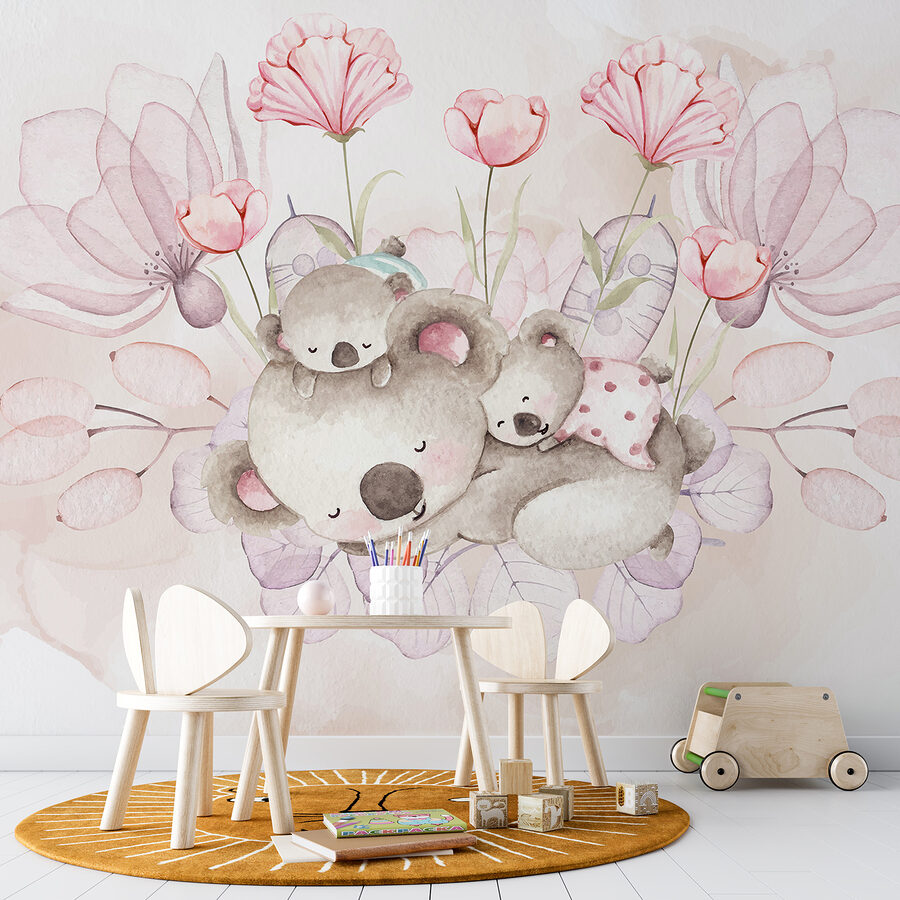 Een aquarel illustratie van een paar koala's en bloemen Een aquarel illustratie van een paar koala's en bloemen