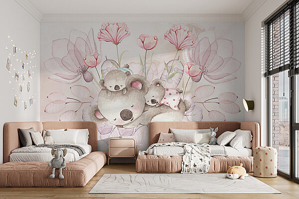 Een aquarel illustratie van een paar koala's en bloemen Een aquarel illustratie van een paar koala's en bloemen