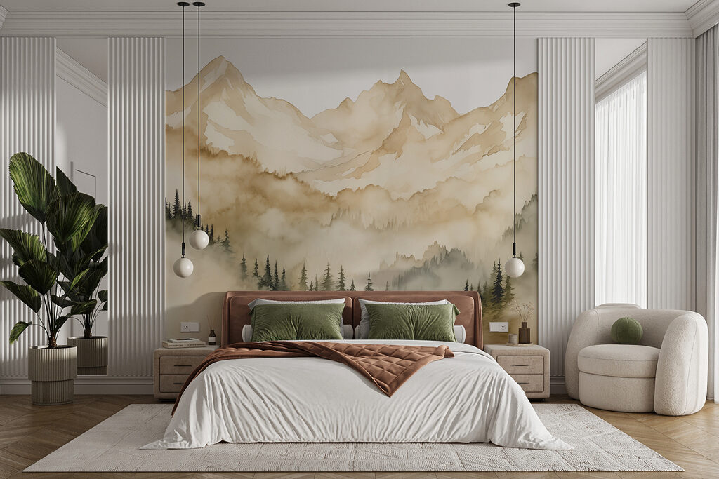 A mountain range with trees and clouds A mountain range with trees and clouds