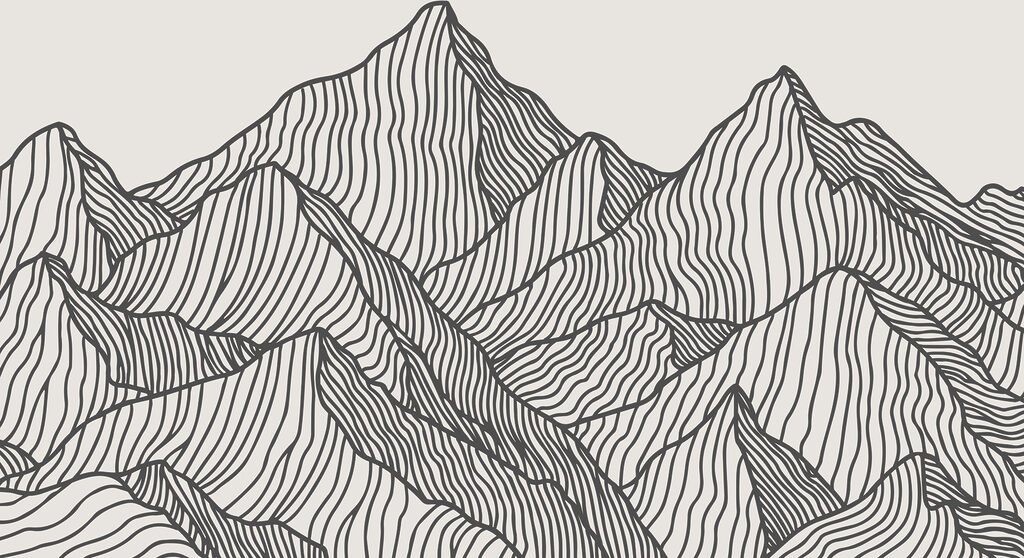 A black and white drawing of a mountain range