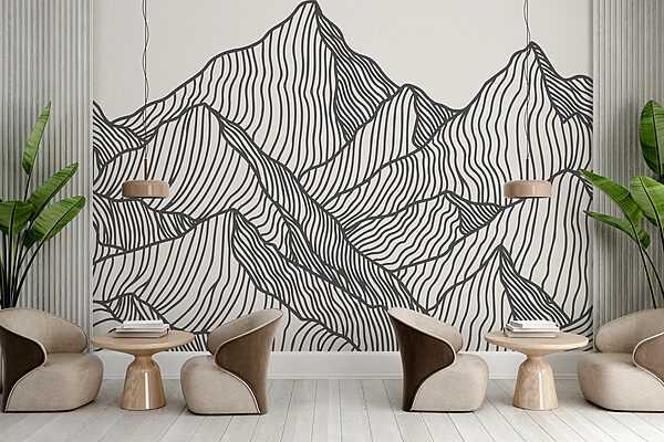 A black and white drawing of a mountain range