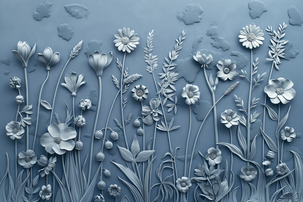 Een grijze muur met bloemen en bladeren Een grijze muur met bloemen en bladeren