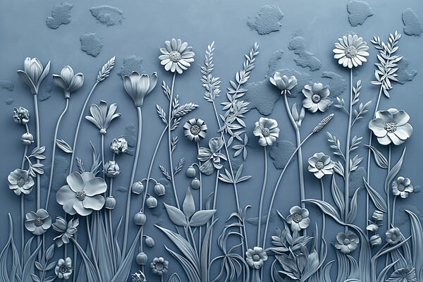 Een grijze muur met bloemen en bladeren Een grijze muur met bloemen en bladeren