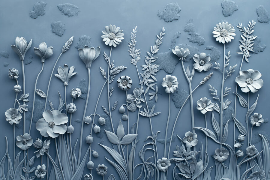 Een grijze muur met bloemen en bladeren Een grijze muur met bloemen en bladeren