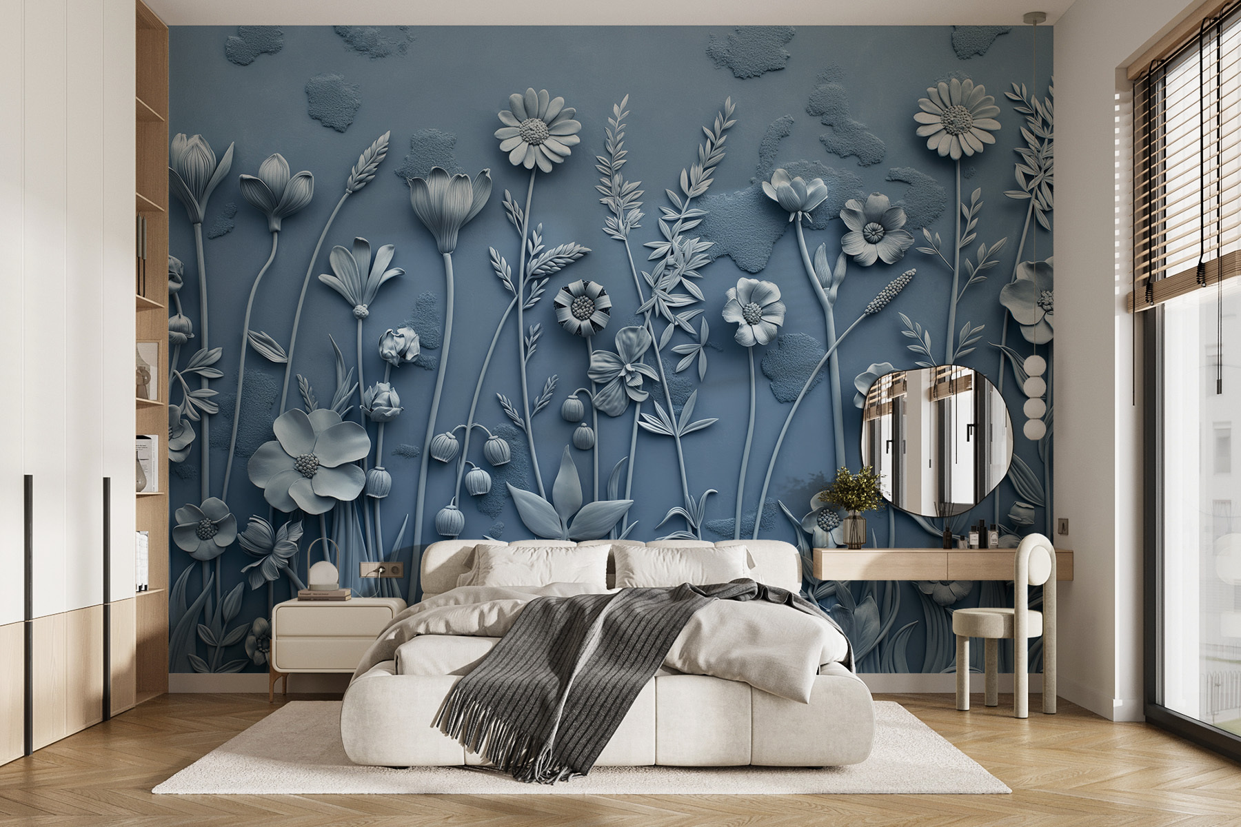 A grey wall with flowers and leaves